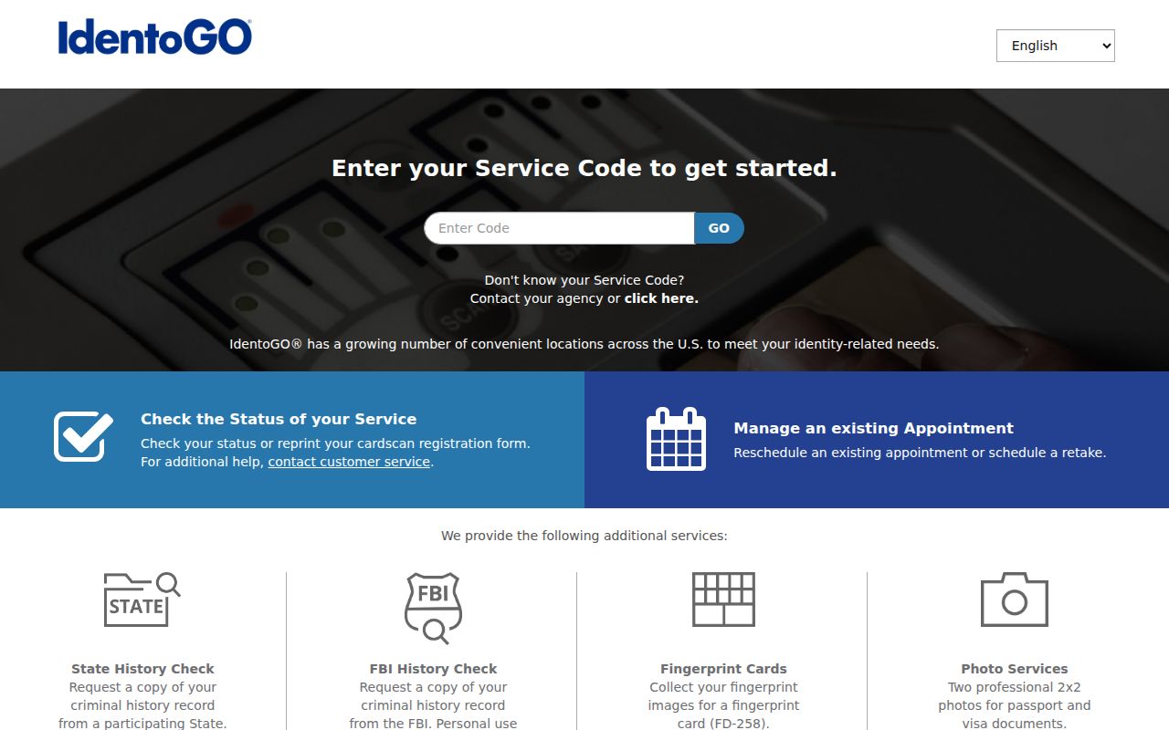 IdentoGO FAST fingerprint enrollment portal for a personal Texas record review